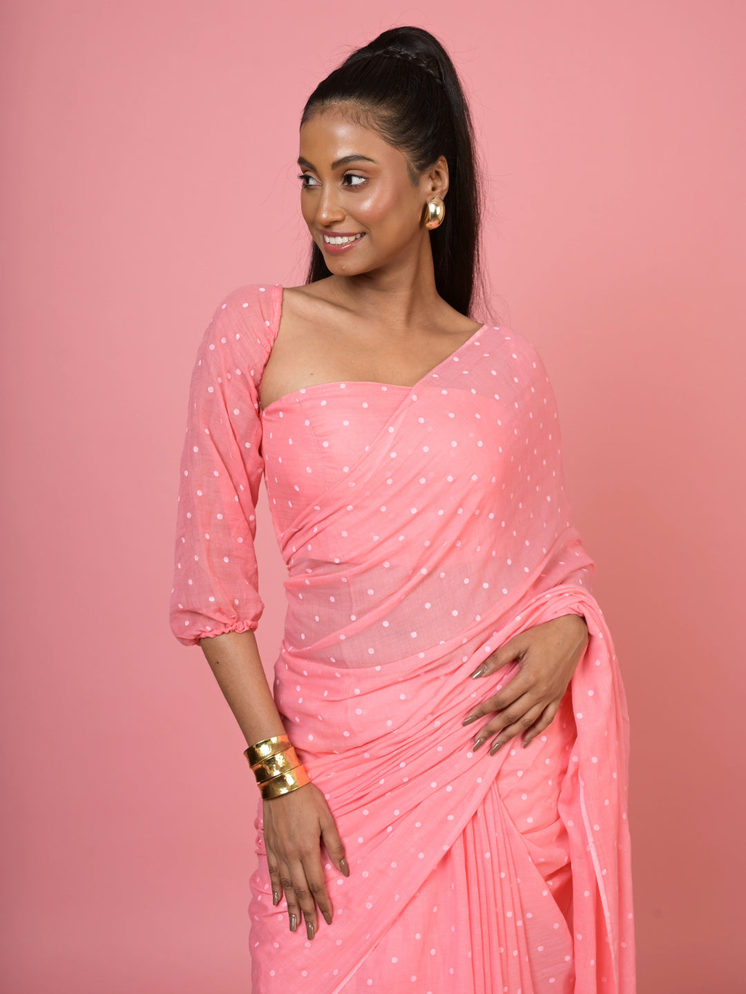 Rani pop I Baby Pink Handloom Mul Cotton Polka Dotted Saree