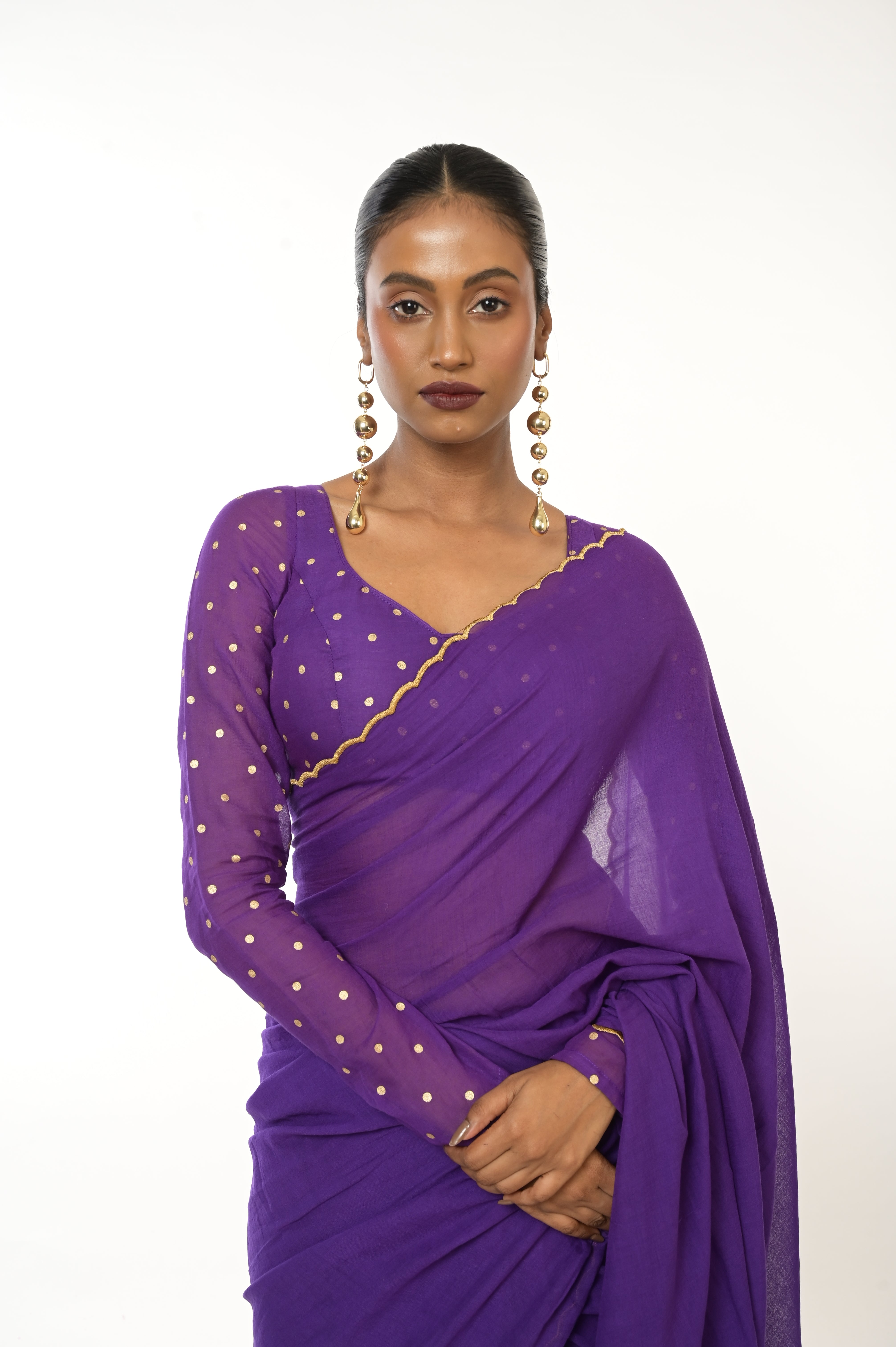 Royal Bloom I Purple Handloom Mul Cotton Saree with Golden Scalloped Border