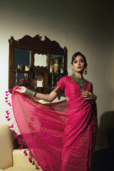 Twin Realm I Pink Handloom Cotton Saree with Zari Stripes and Scaloped Border