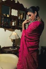Twin Realm I Pink Handloom Cotton Saree with Zari Stripes and Scaloped Border