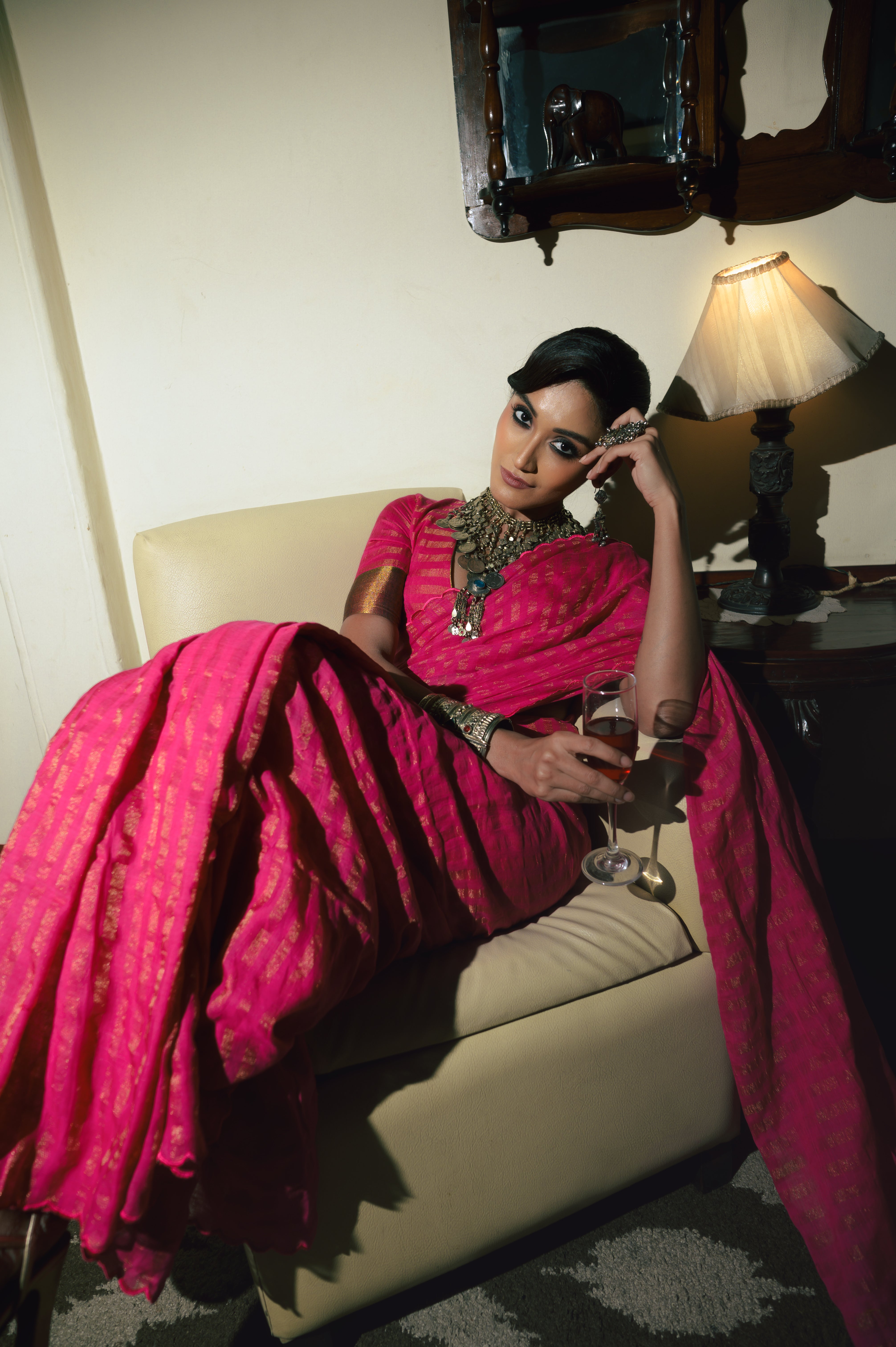 Twin Realm I Pink Handloom Cotton Saree with Zari Stripes and Scaloped Border